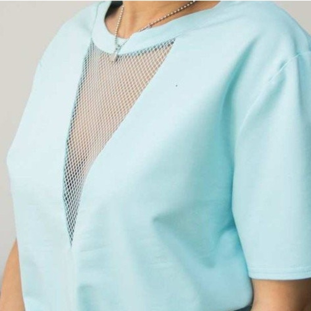 Aqua contrast mesh oversized solid top